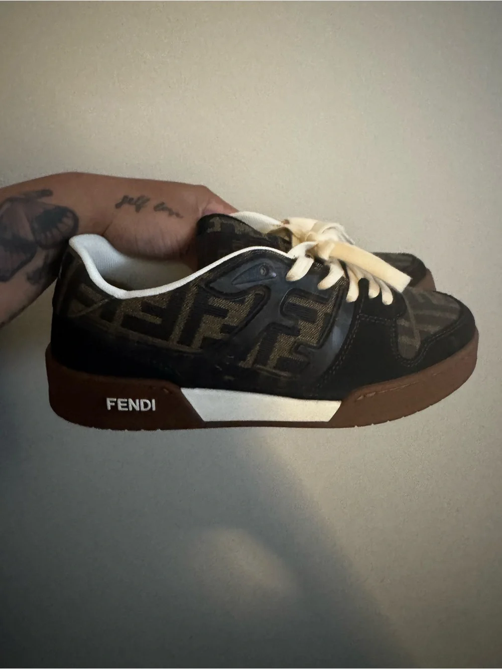 Fendi Brown and Black FF Logo Low-Top Sneakers with Cream Laces